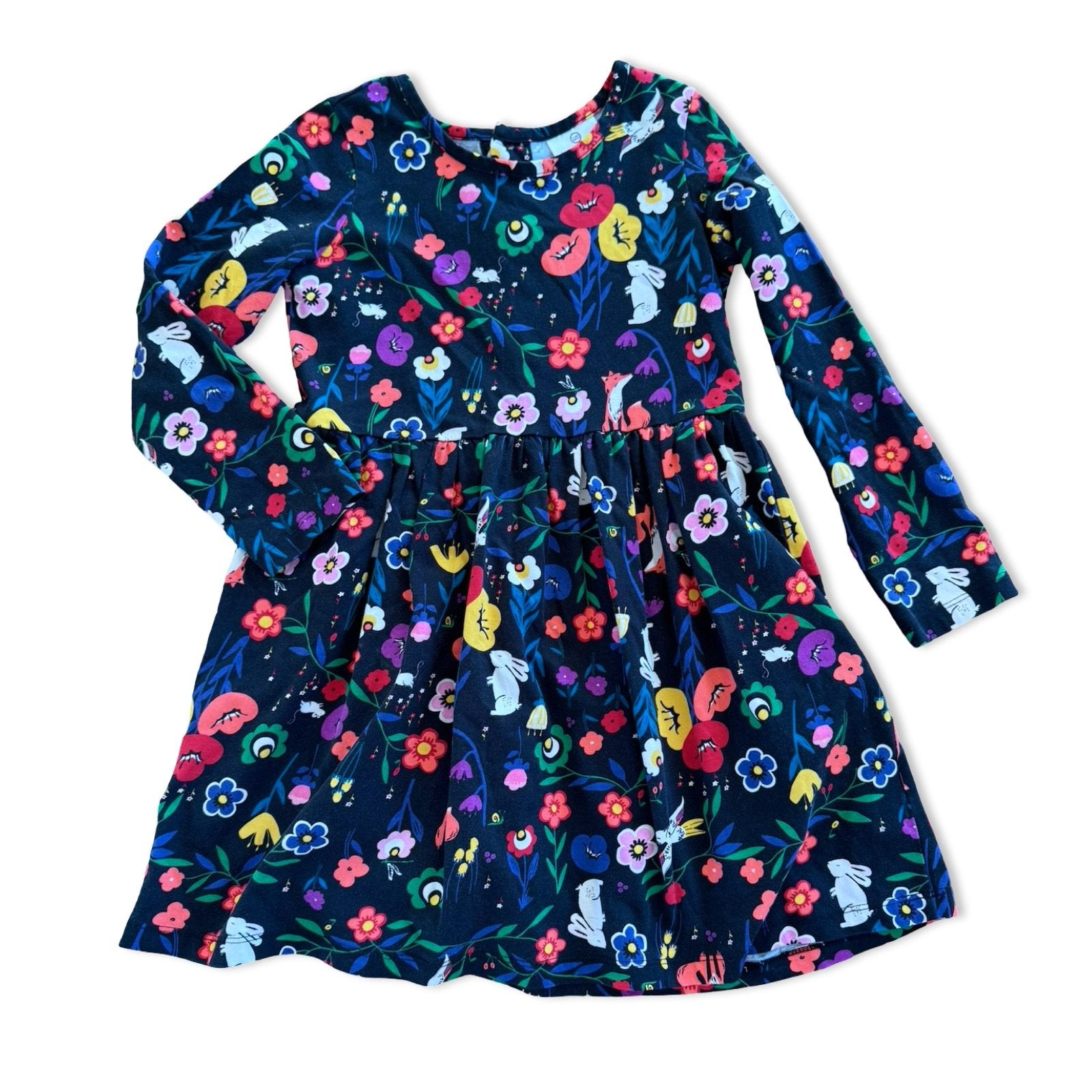 Size 6-7 Hanna Andersson black long sleeve dress with multi color flowers and animals Default Title / 7-Jun / Girl