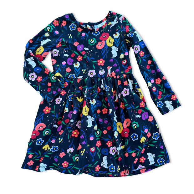 Size 6-7 Hanna Andersson black long sleeve dress with multi color flowers and animals Default Title / 7-Jun / Girl