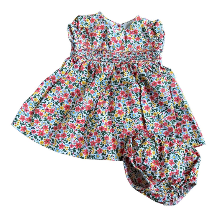 Size 12 month Iris & Ivy coral, green, yellow, and light blue floral smocked dress with bloomers Default Title / 12 / Girl