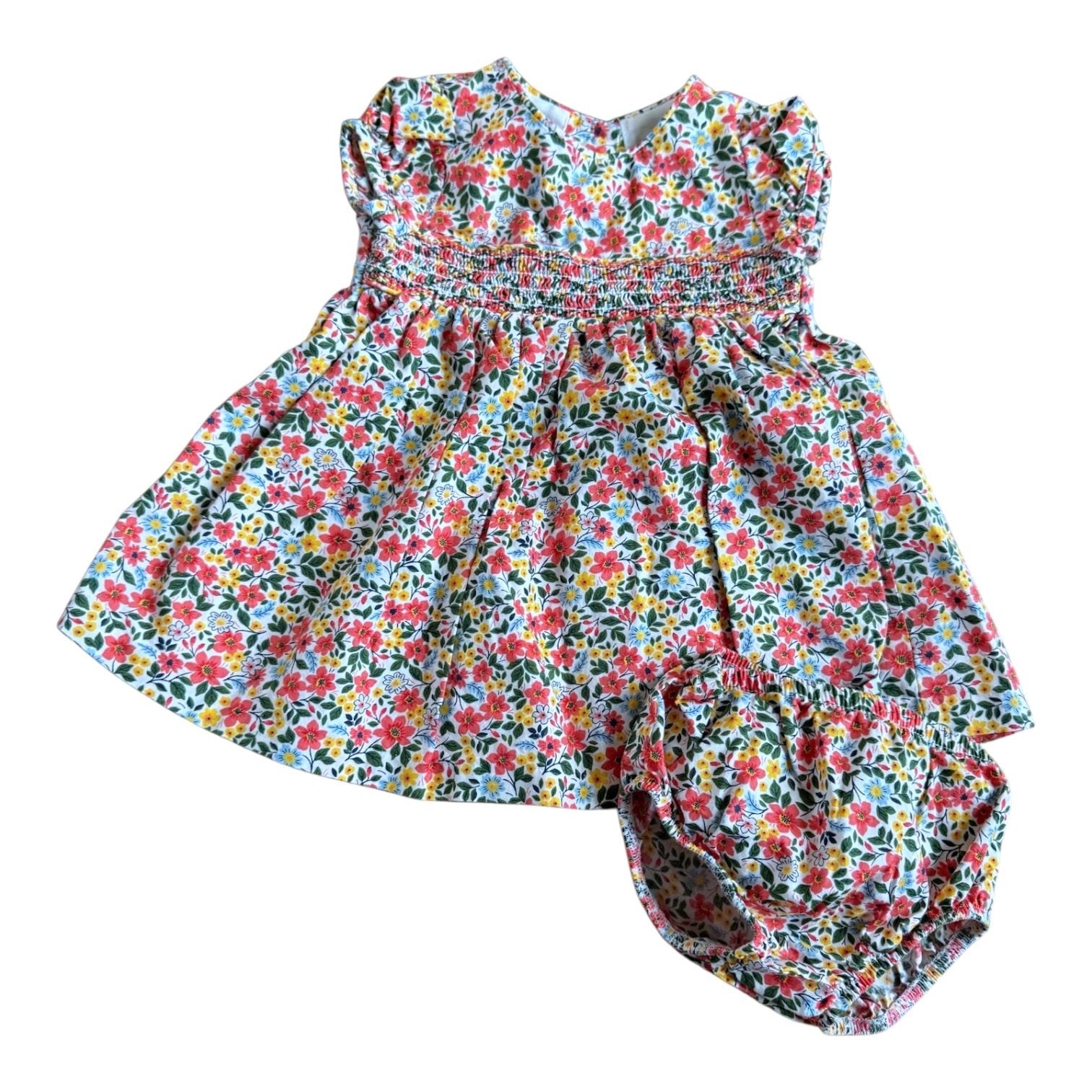Size 12 month Iris & Ivy coral, green, yellow, and light blue floral smocked dress with bloomers Default Title / 12 / Girl