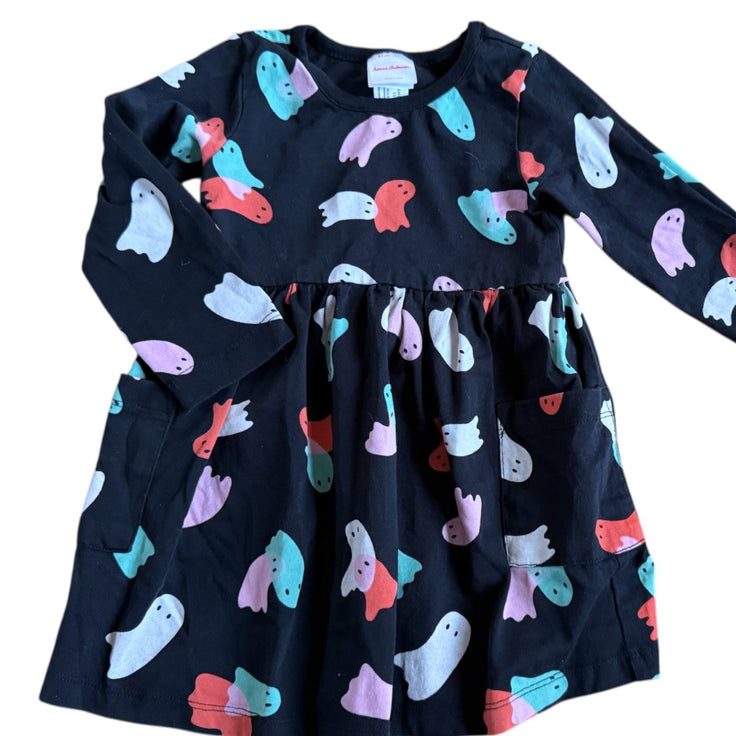 Size 2 Hanna Andersson black long sleeve dress with pink, white, mint green, and orange ghosts Default Title / 2 / -