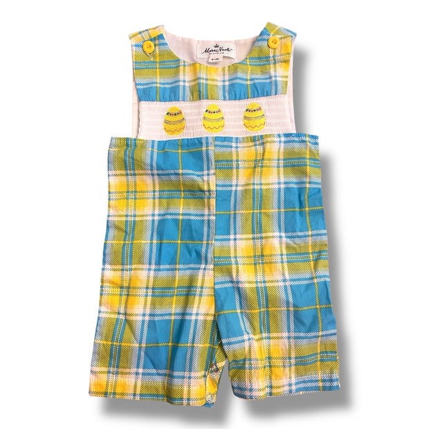 Size 6-12 month Marie Nicole blue and yellow plaid shortall with smocked yellow Easter eggs Default Title / 6-12 month / Boy