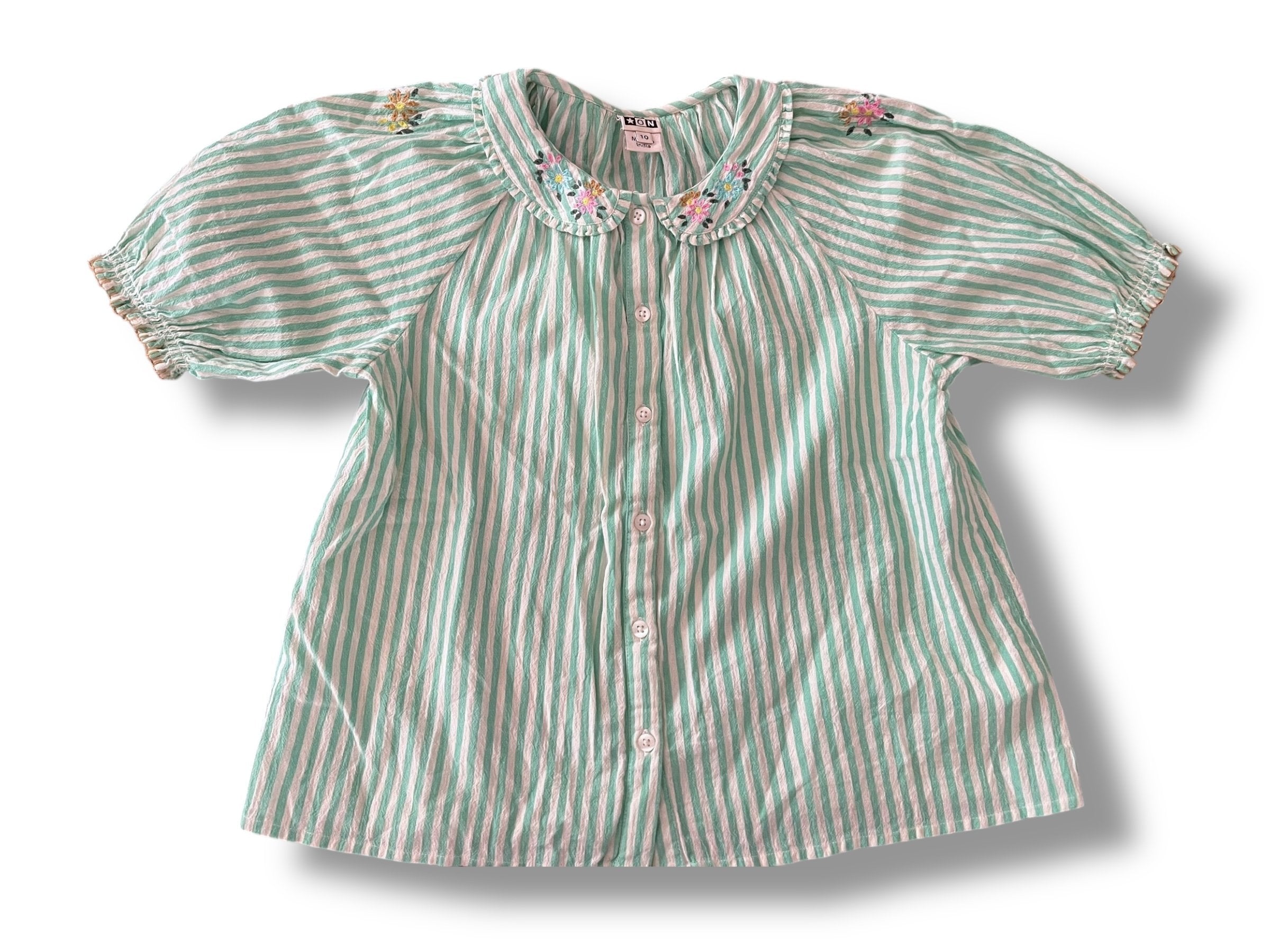 Size 10 BonTon green and white striped collared shirt with embroidered flowers Default Title / 10 / Girl