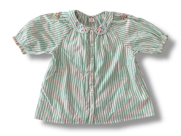 Size 10 BonTon green and white striped collared shirt with embroidered flowers Default Title / 10 / Girl