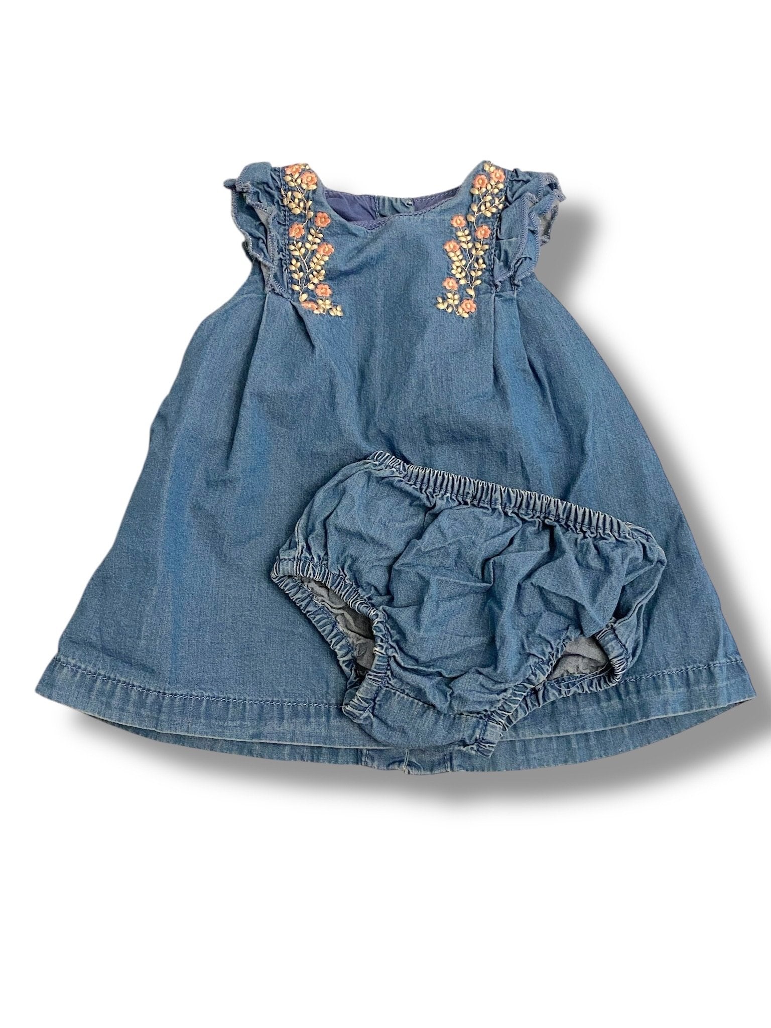 Size 3-6 month Zara chambray dress with pink and white embroidered flowers - with bloomers Default Title / 3-6 month / Girl