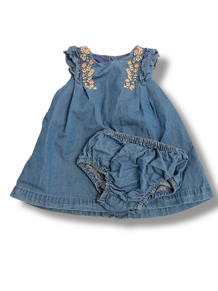 Size 3-6 month Zara chambray dress with pink and white embroidered flowers - with bloomers Default Title / 3-6 month / Girl
