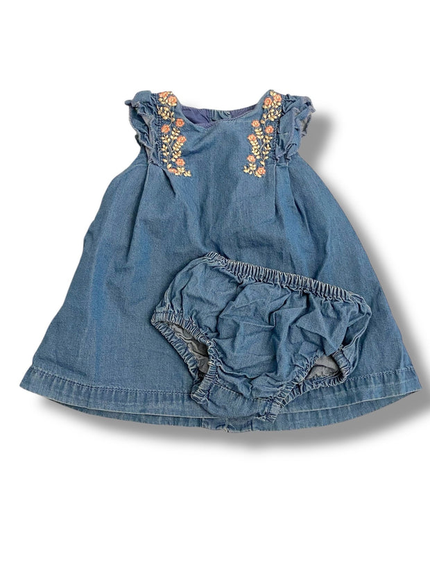 Size 3-6 month Zara chambray dress with pink and white embroidered flowers - with bloomers Default Title / 3-6 month / Girl
