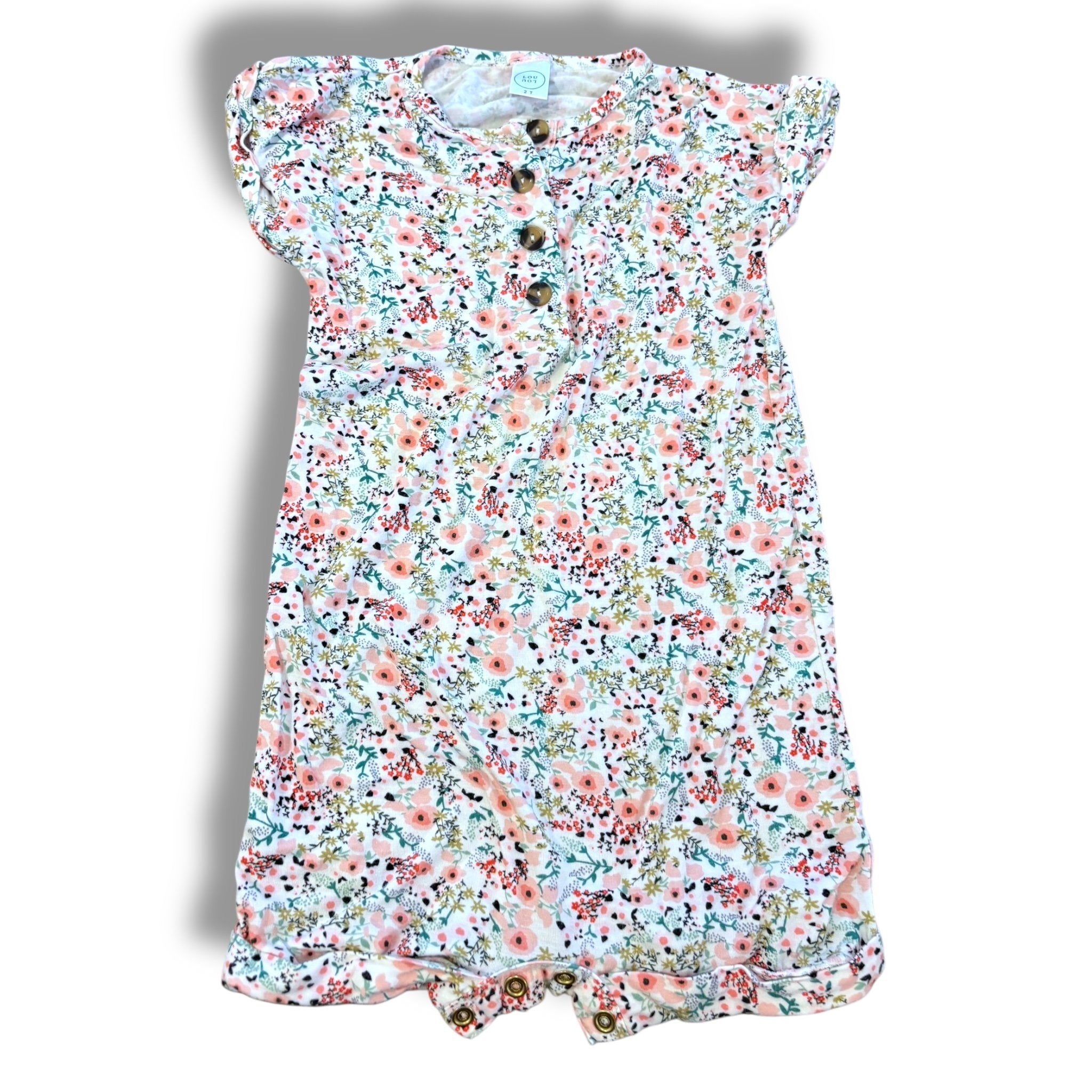 Size 2 Lou lou white pink floral short romper with wooden buttons Default Title / 2 / Girl