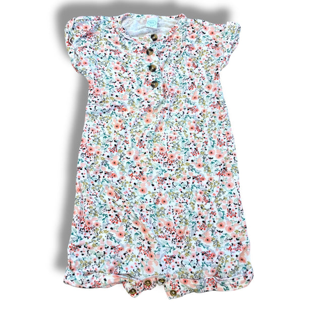 Size 2 Lou lou white pink floral short romper with wooden buttons Default Title / 2 / Girl