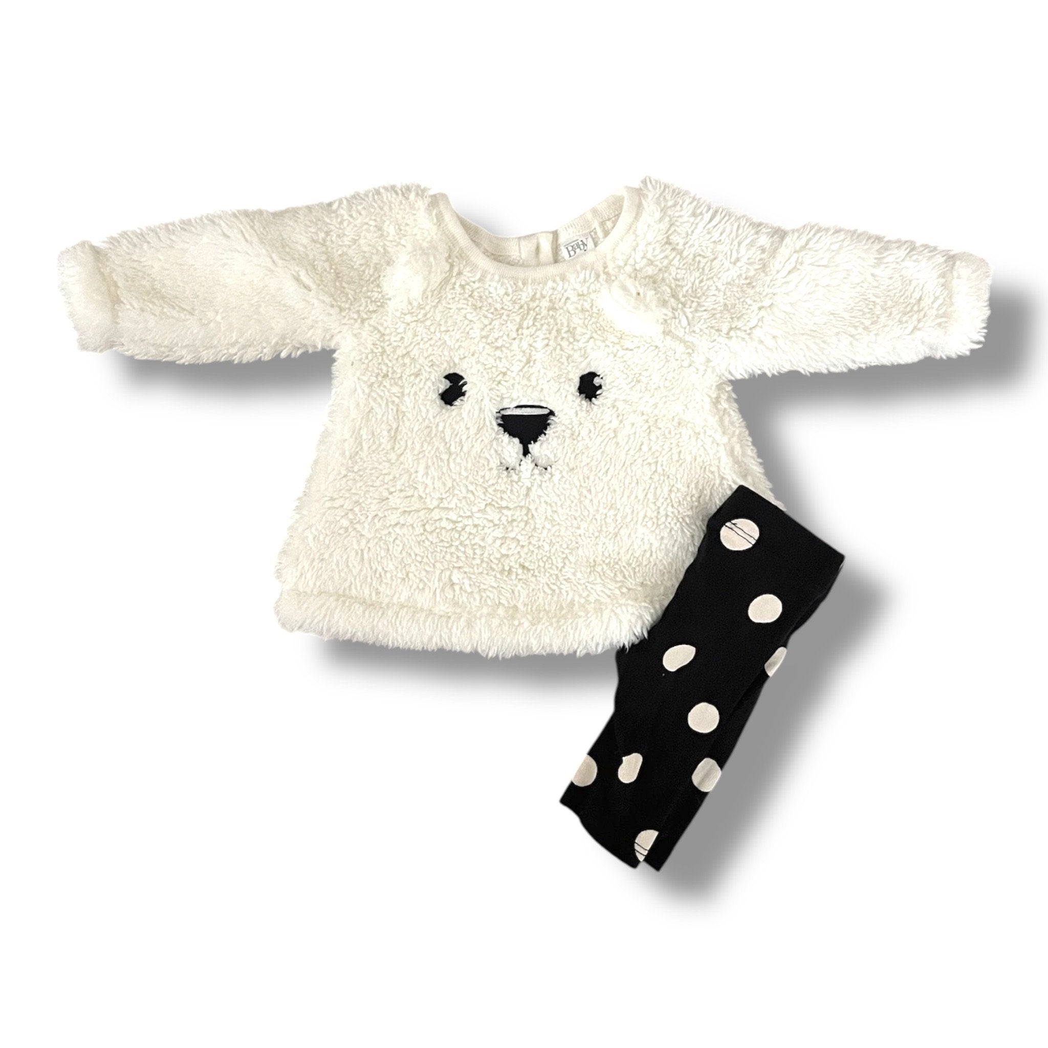 Size NB Nordstrom Baby furry bear sweatshirt with black and white polka dot leggings Default Title / Newborn / Girl