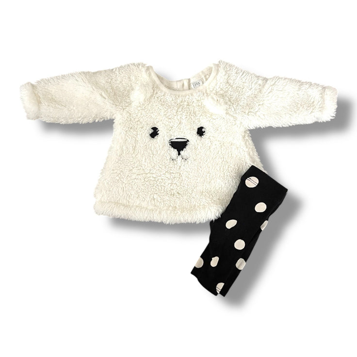Size NB Nordstrom Baby furry bear sweatshirt with black and white polka dot leggings Default Title / Newborn / Girl