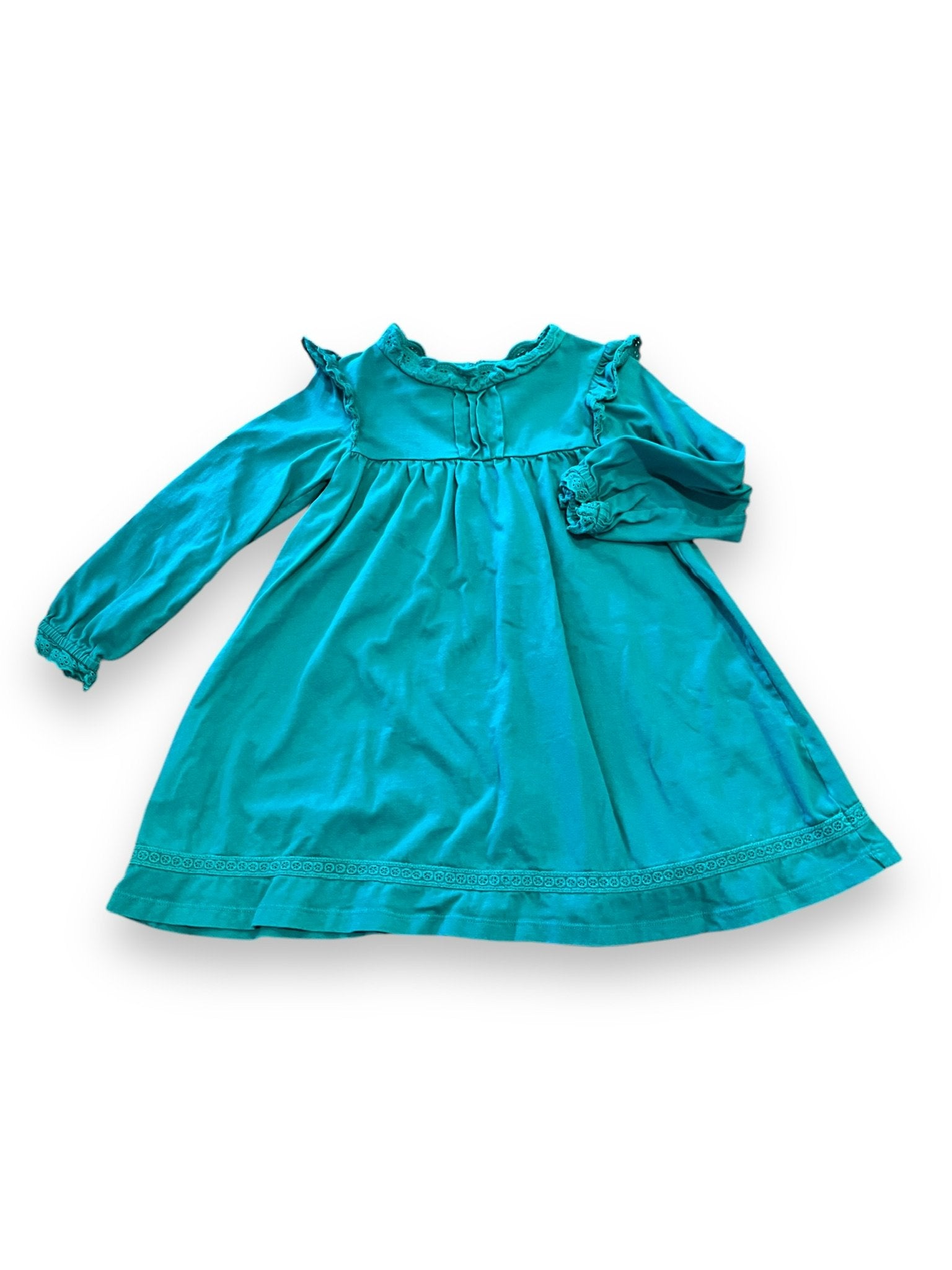 Size 4-5 Boden teal blue dress with ruffle shoulder - wash wear Default Title / 5-Apr / Girl