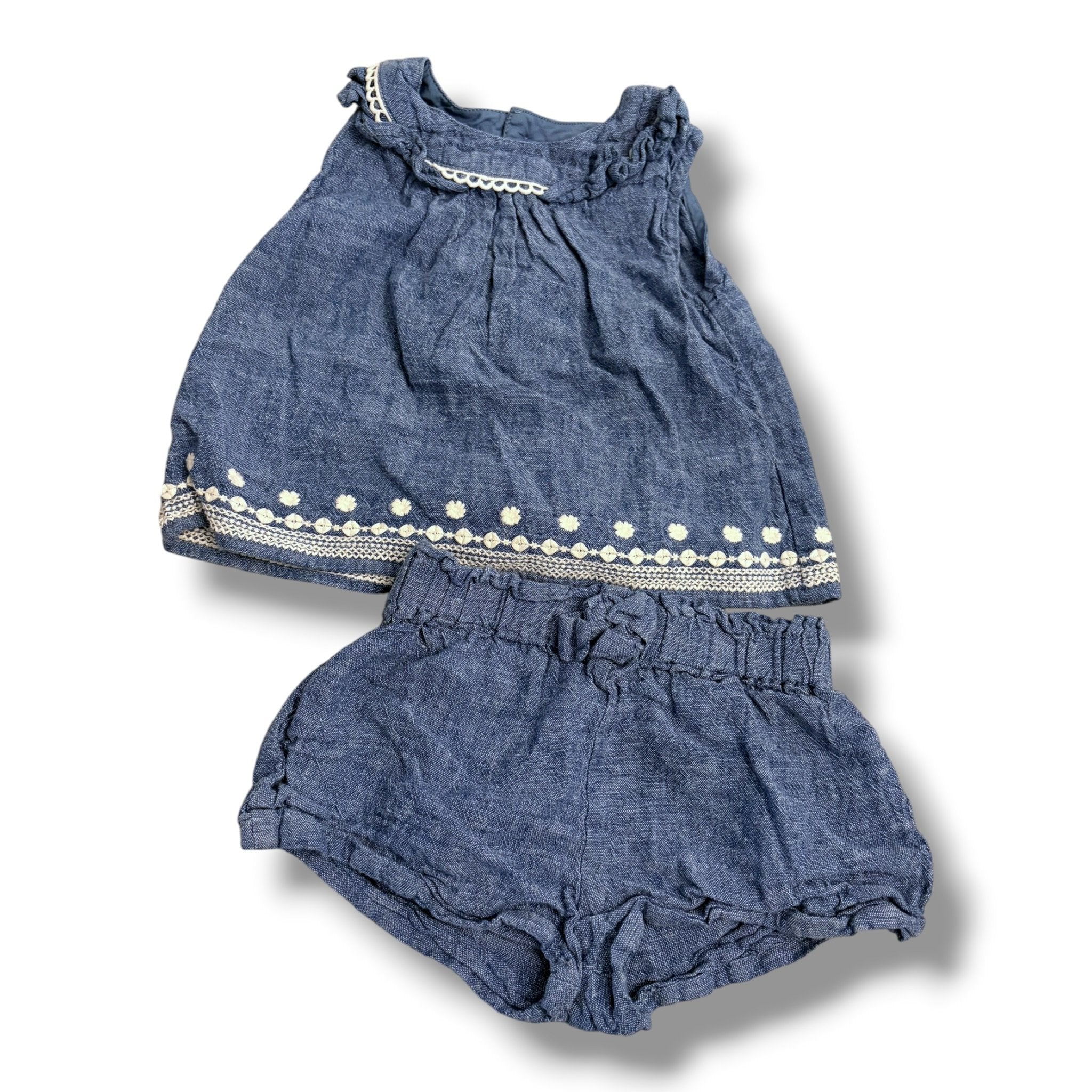 Size 24 month Mayoral chambray two piece set with white lace detail Default Title / 2 / Girl