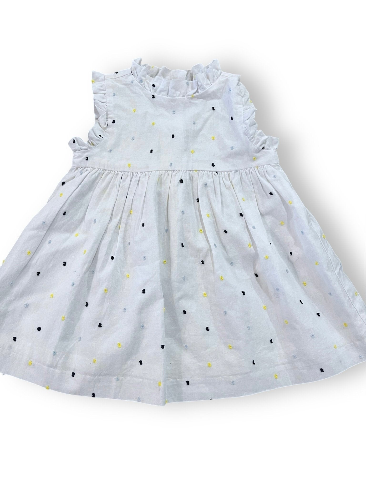 6-12 month Janie and jack white dress with blue/yellow/navy swiss dots, navy bow in back Default Title / 6-12 month / -