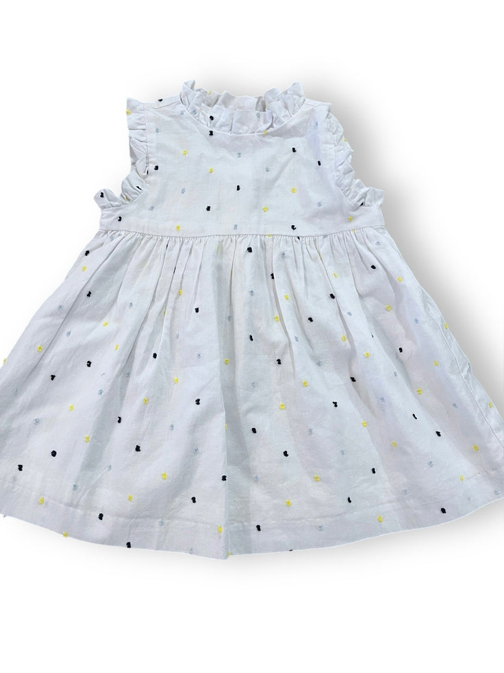 6-12 month Janie and jack white dress with blue/yellow/navy swiss dots, navy bow in back Default Title / 6-12 month / -