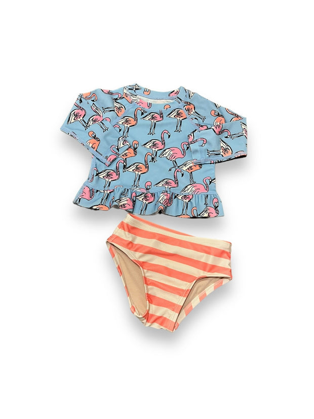 Size 6-9 month Tea Collection 2 piece swim/ blue with pink flamingo + pink and white strip ruffle bottom Default Title / 6-9 month / Girl