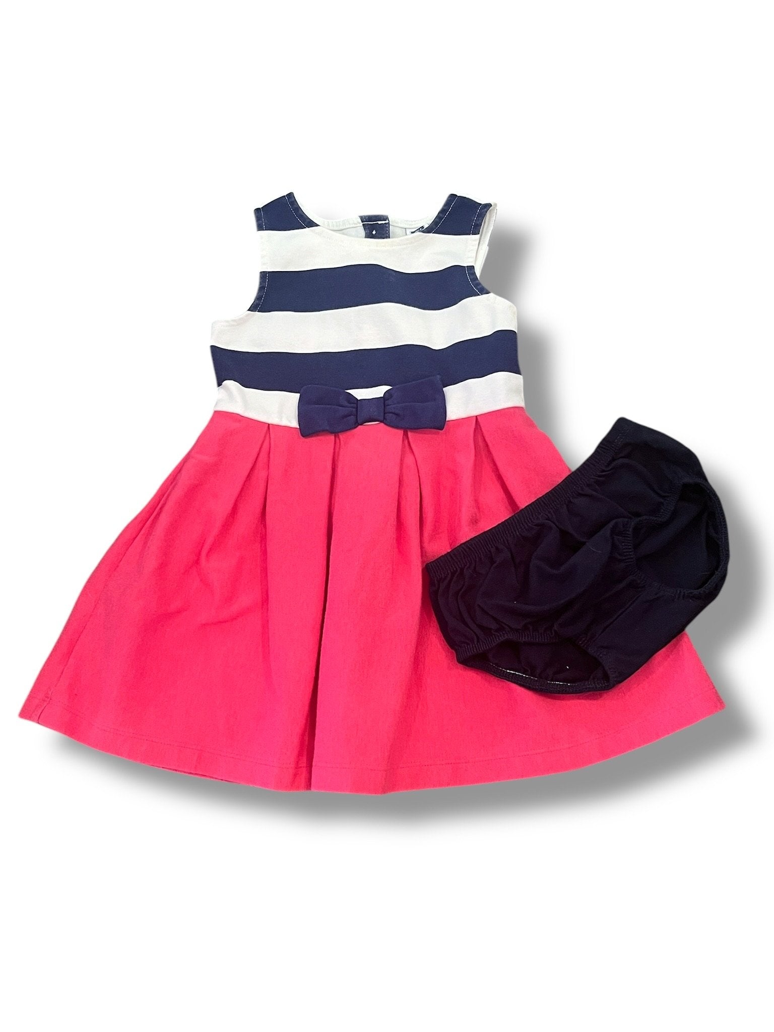 Size 18-24 month Janie and Jack pink dress with navy and white stripe top and front bow with navy bloomers Default Title / 18-24 month / Girl