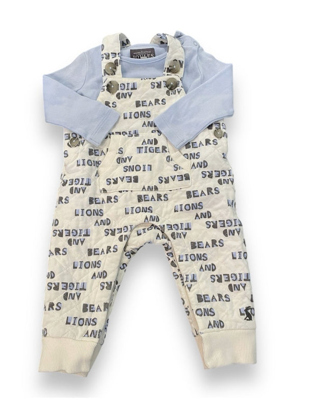 Size 3-6 month Joules "lions, tigers, and bears" cream quilted overalls with blue long sleeve onesie Default Title / 3-6 month / Boy