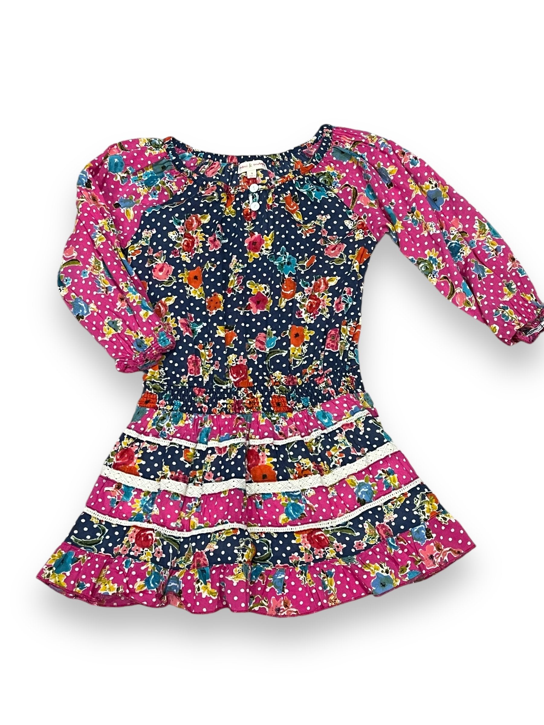 Size 4 Mimi and Maggie pink and navy tiered dress with flowers Default Title / 4 / Girl
