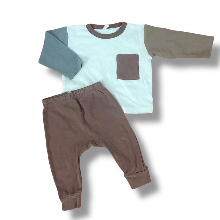 Size 12-18 Months Quincy Mae brown cream and grey shirt and pants set Default Title / 12-18 month / Boy