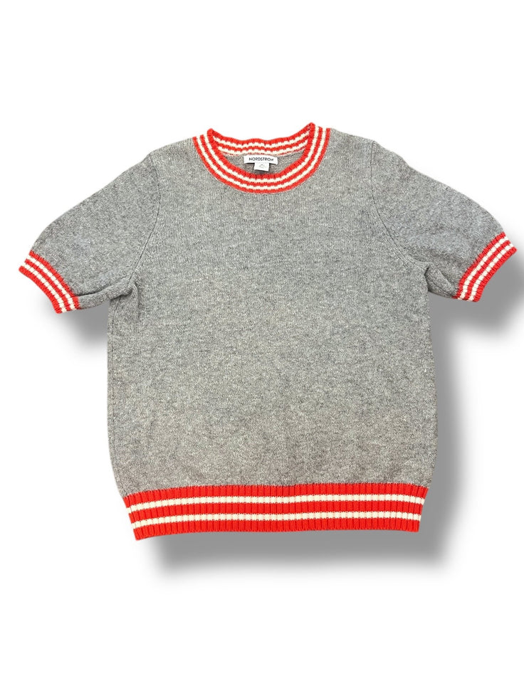 Size 8-10 Nordstrom grey short sleeve sweater with red and white stripe hems Default Title / 10-Aug / Girl