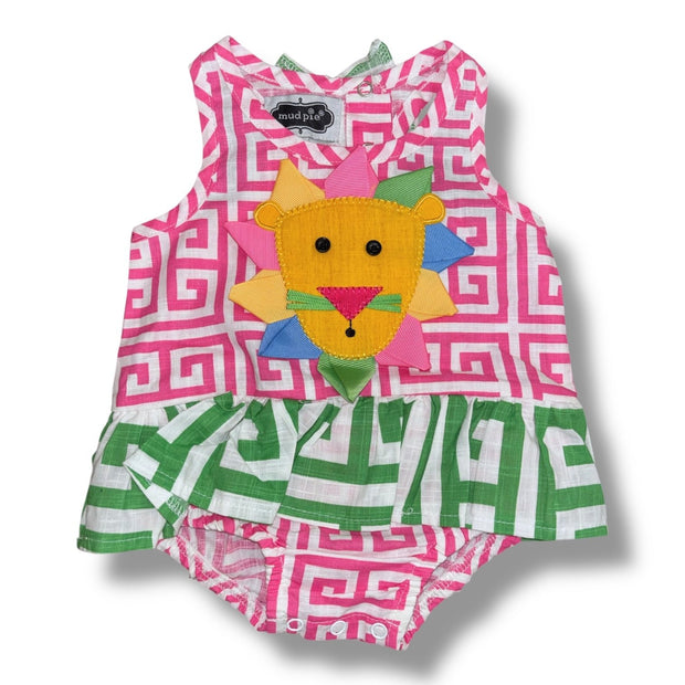 Size 6-9 month Mudpie pink/white geometric pattern bubble w/ green/white ruffle, lion face Default Title / 6-9 month / Girl
