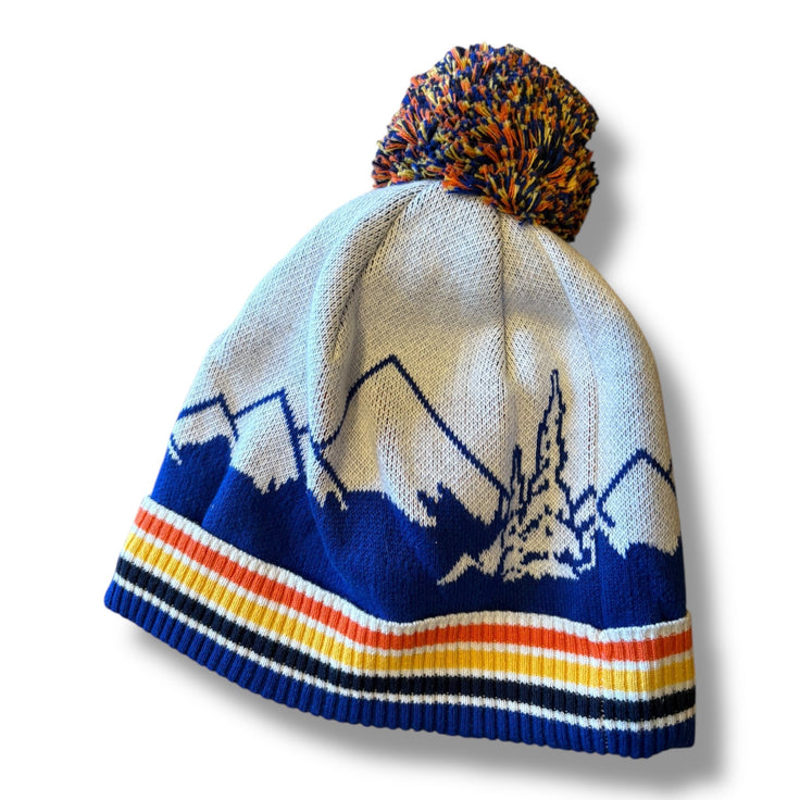 Size 4-5 Janie and Jack orange/yellow/white/blue beanie with mountain scene and pom Default Title / 5-Apr / Boy