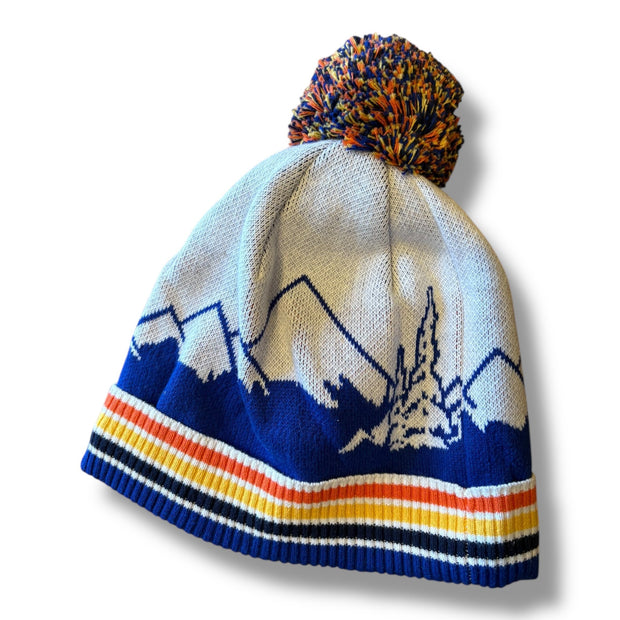 Size 4-5 Janie and Jack orange/yellow/white/blue beanie with mountain scene and pom Default Title / 5-Apr / Boy