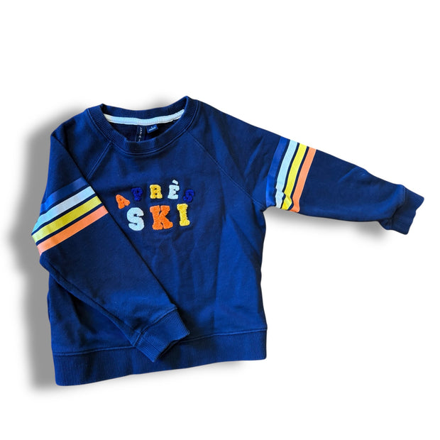 Size 5 Janie and Jack navy Apres Ski sweatshirt with orange/yellow/blue/white stripes on sleeves - some fading Default Title / 5 / Boy