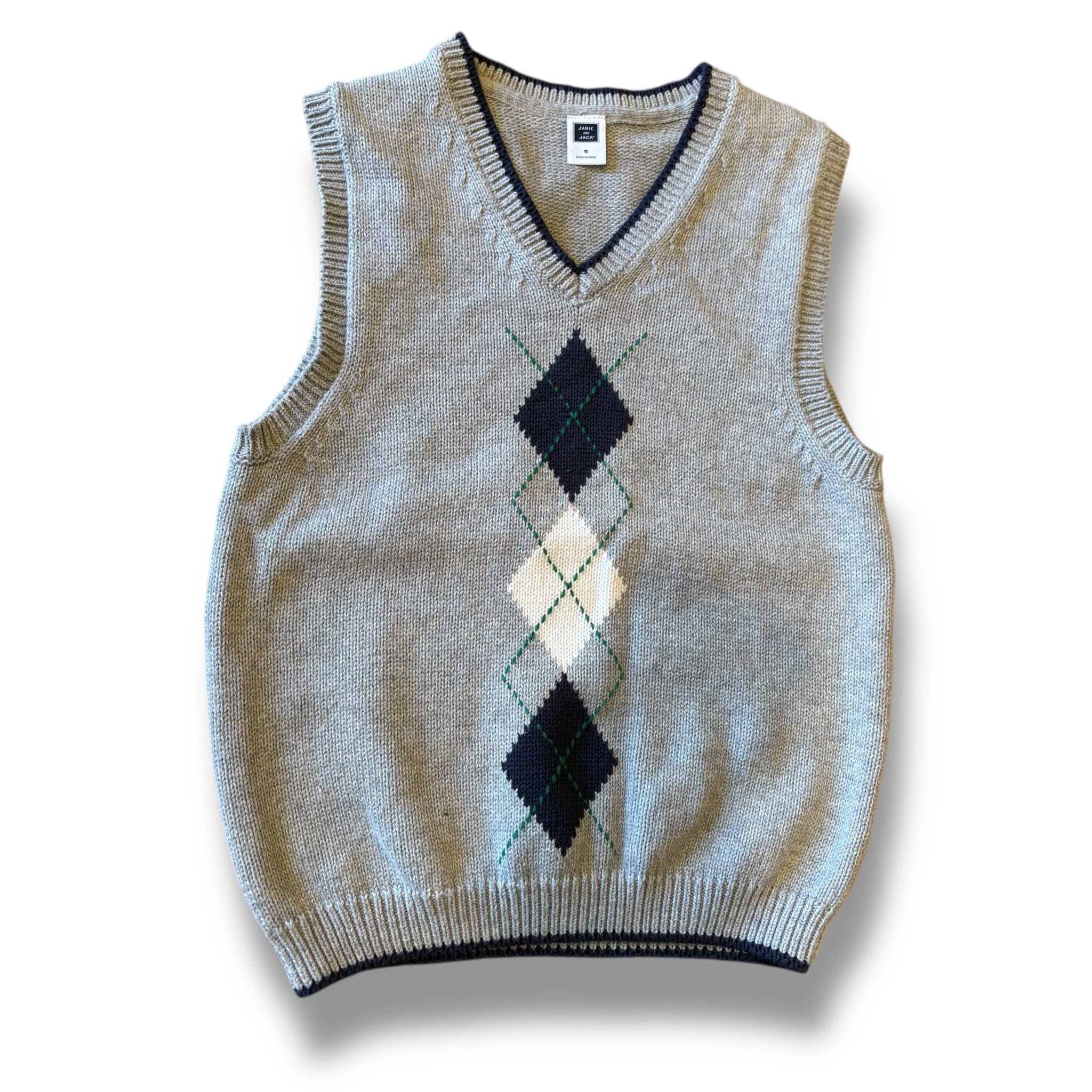 Size 5 Janie and Jack gray sweater vest with navy/white/green argyle center detail Default Title / 5 / Boy
