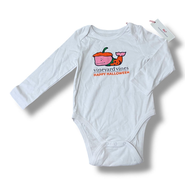 Size 18-24 months Vineyard Vines white onesie with pink whale in pumpkin costume Default Title / 18-24 month / Boy