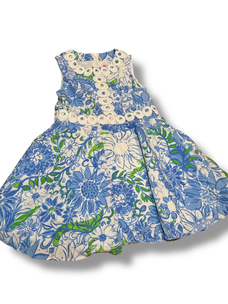 Size 6 Lilly Pulitzer white, cerulean blue & bright green dress with white detail at neck and waist, lined structured cotton Default Title / 6 / Girl