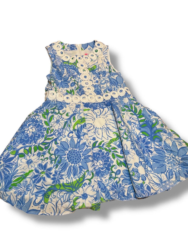 Size 6 Lilly Pulitzer white, cerulean blue & bright green dress with white detail at neck and waist, lined structured cotton Default Title / 6 / Girl