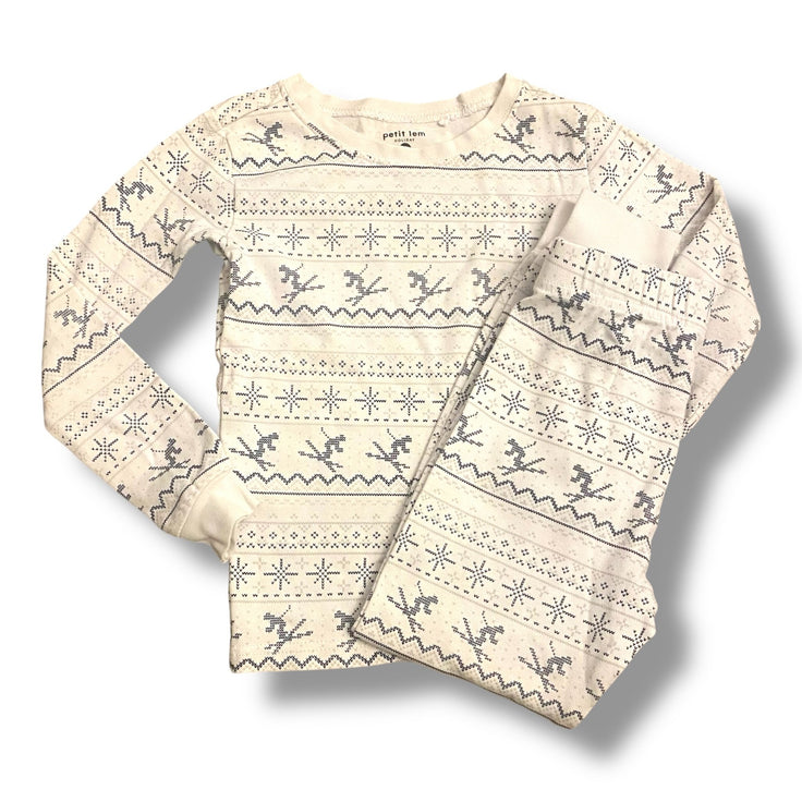 Size 6 Petit Lem white long sleeve pajama set with navy snowflakes and skiiers Default Title / 6 / -