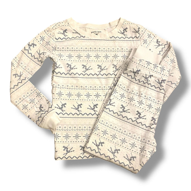 Size 6 Petit Lem white long sleeve pajama set with navy snowflakes and skiiers Default Title / 6 / -