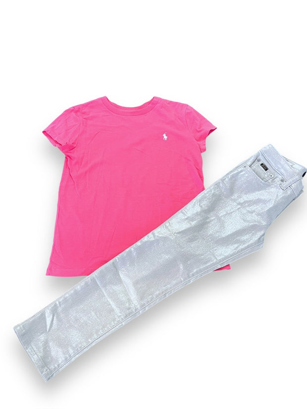 Size 8-10 Ralph Lauren pink tee with white rider, silver jeans set Default Title / 10-Aug / Girl