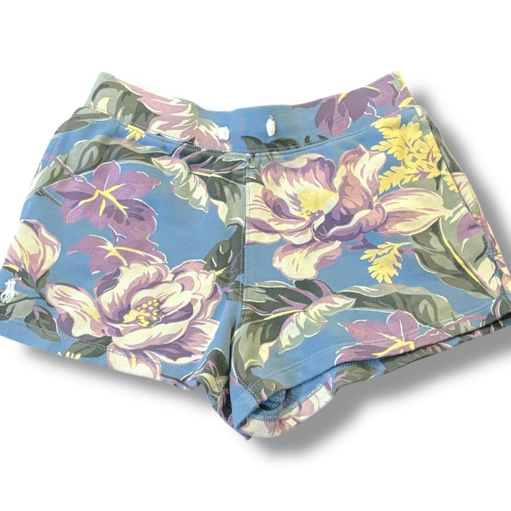 Size 8-10 Polo Ralph Lauren dusty blue sweatshorts w/ purple tropical flowers Default Title / 10-Aug / Girl