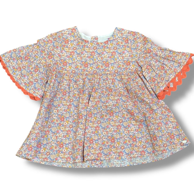 Size 8 Tartine et Chocolat salmon/blue/yellow pastel floral top w/ ric rac trim Default Title / 8 / Girl