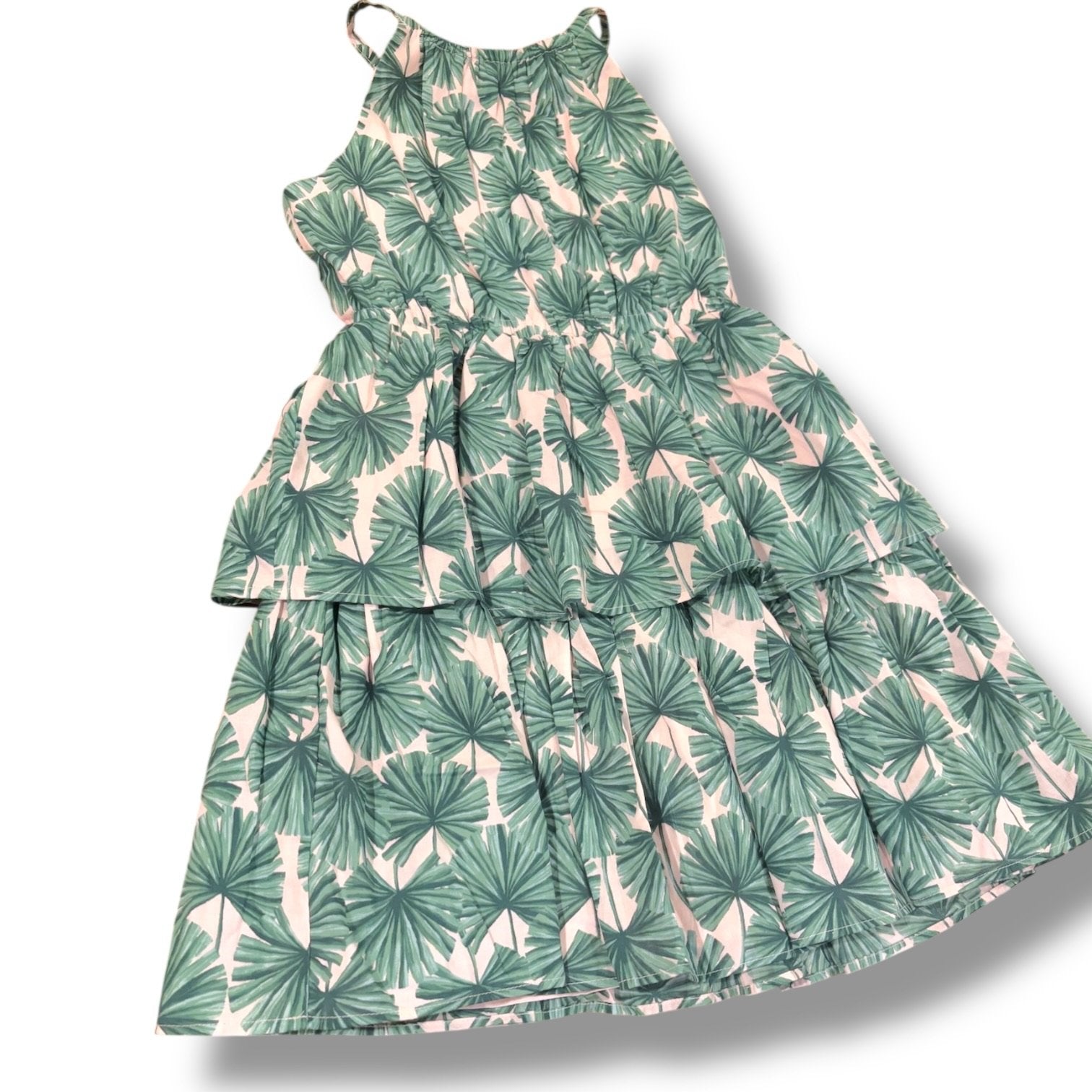 Size 8 Janie and Jack pale pink tiered dress w/ green palm leaves Default Title / 8 / Girl