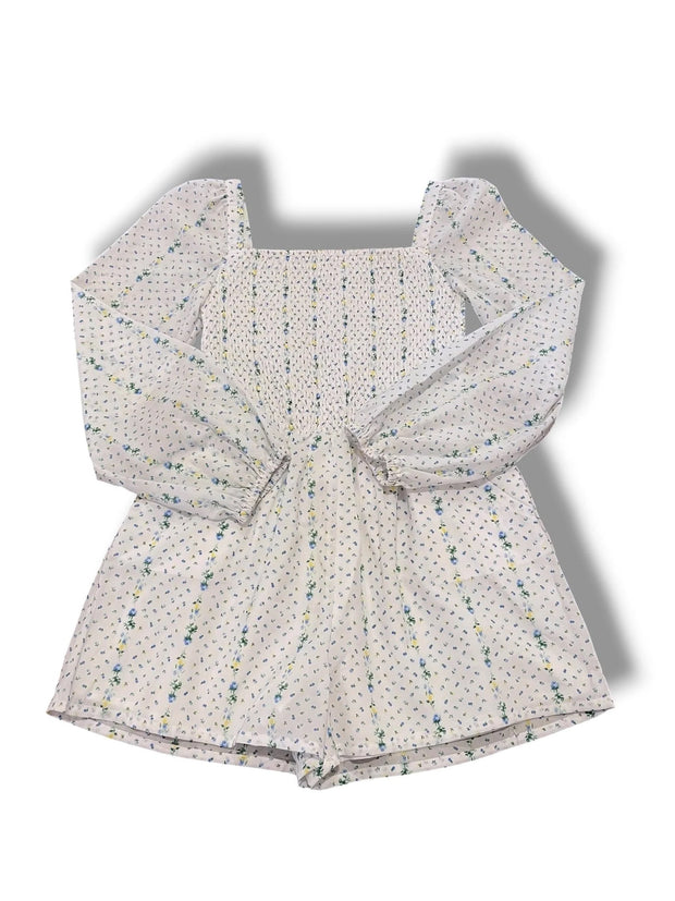 Size 8 Janie and Jack white smocked romper w/ blue/yellow flowers Default Title / 8 / Girl