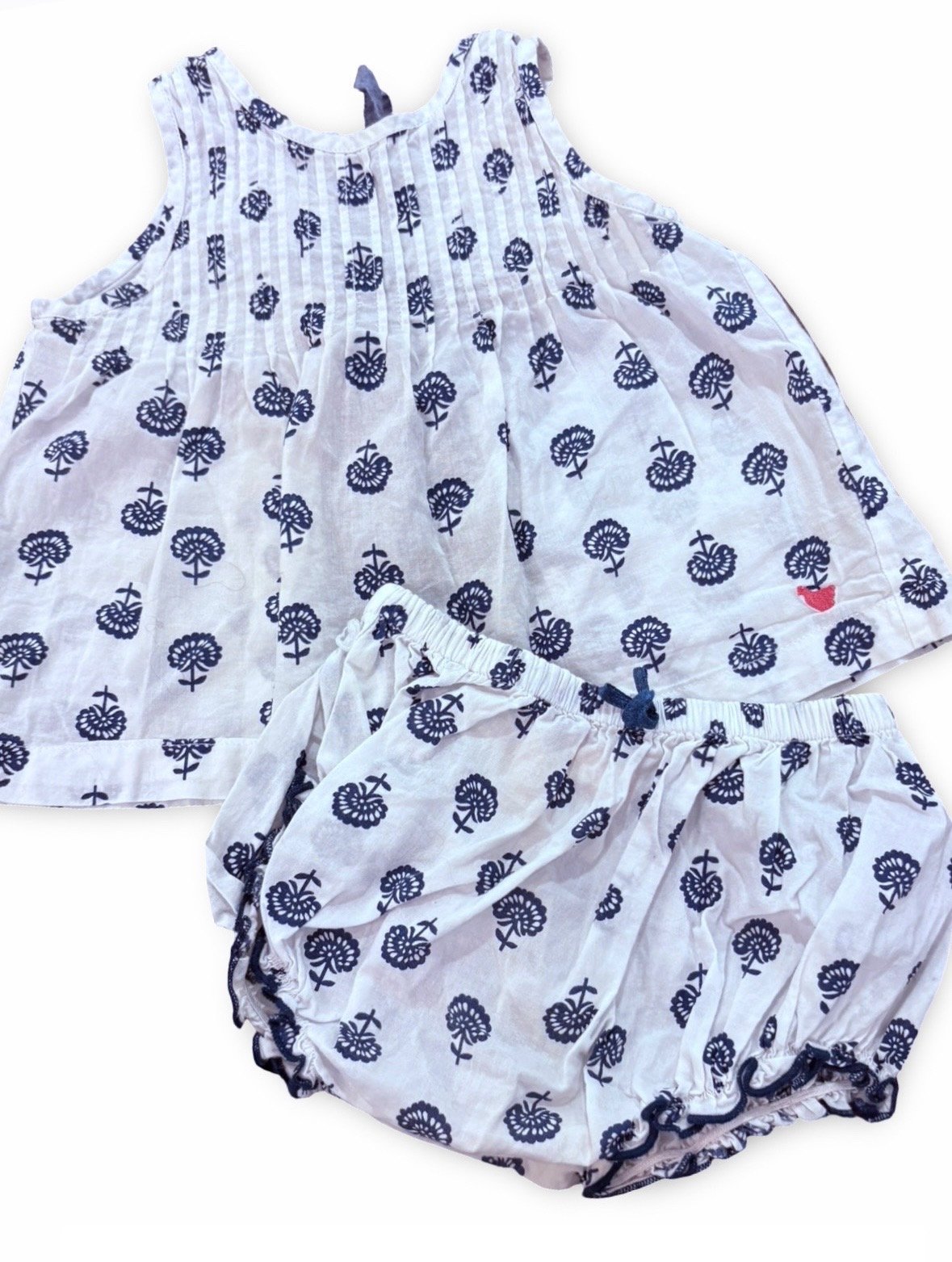size 6-12 month pink chicken white with blue print flowers set with pleated top and tie in back Default Title / 6-12 month / -