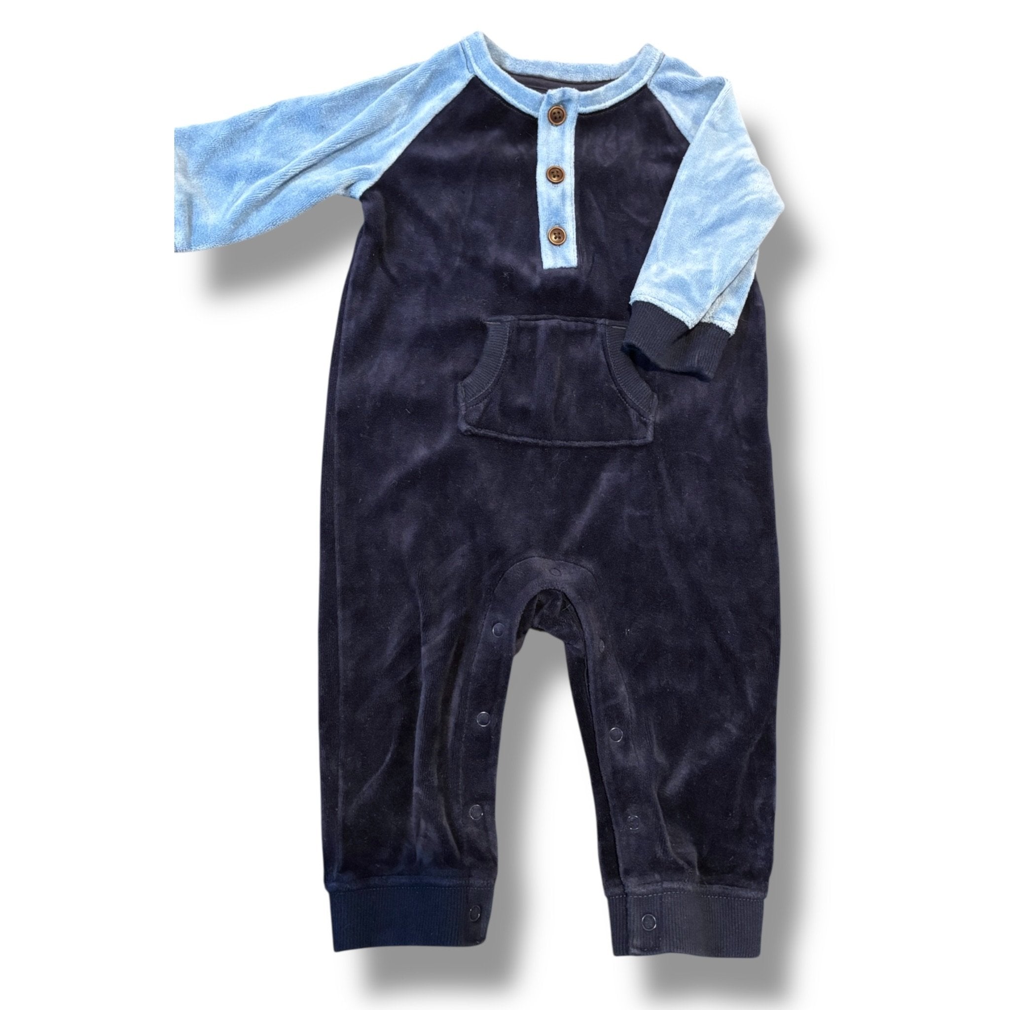 Size 3-6 month Janie and Jack navy/light blue velour romper w/ front pocket Default Title / 3-6 month / Boy