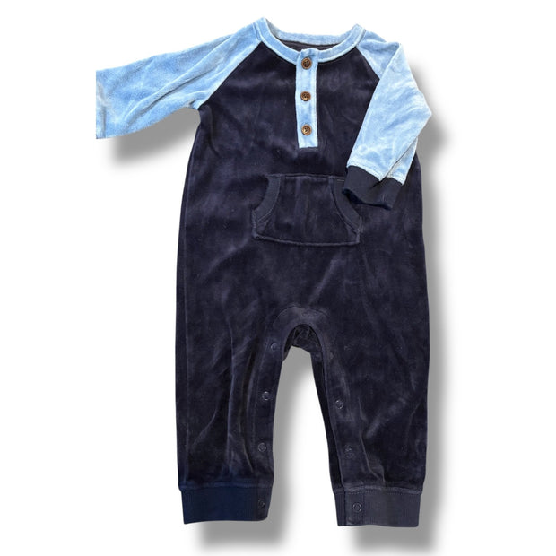 Size 3-6 month Janie and Jack navy/light blue velour romper w/ front pocket Default Title / 3-6 month / Boy