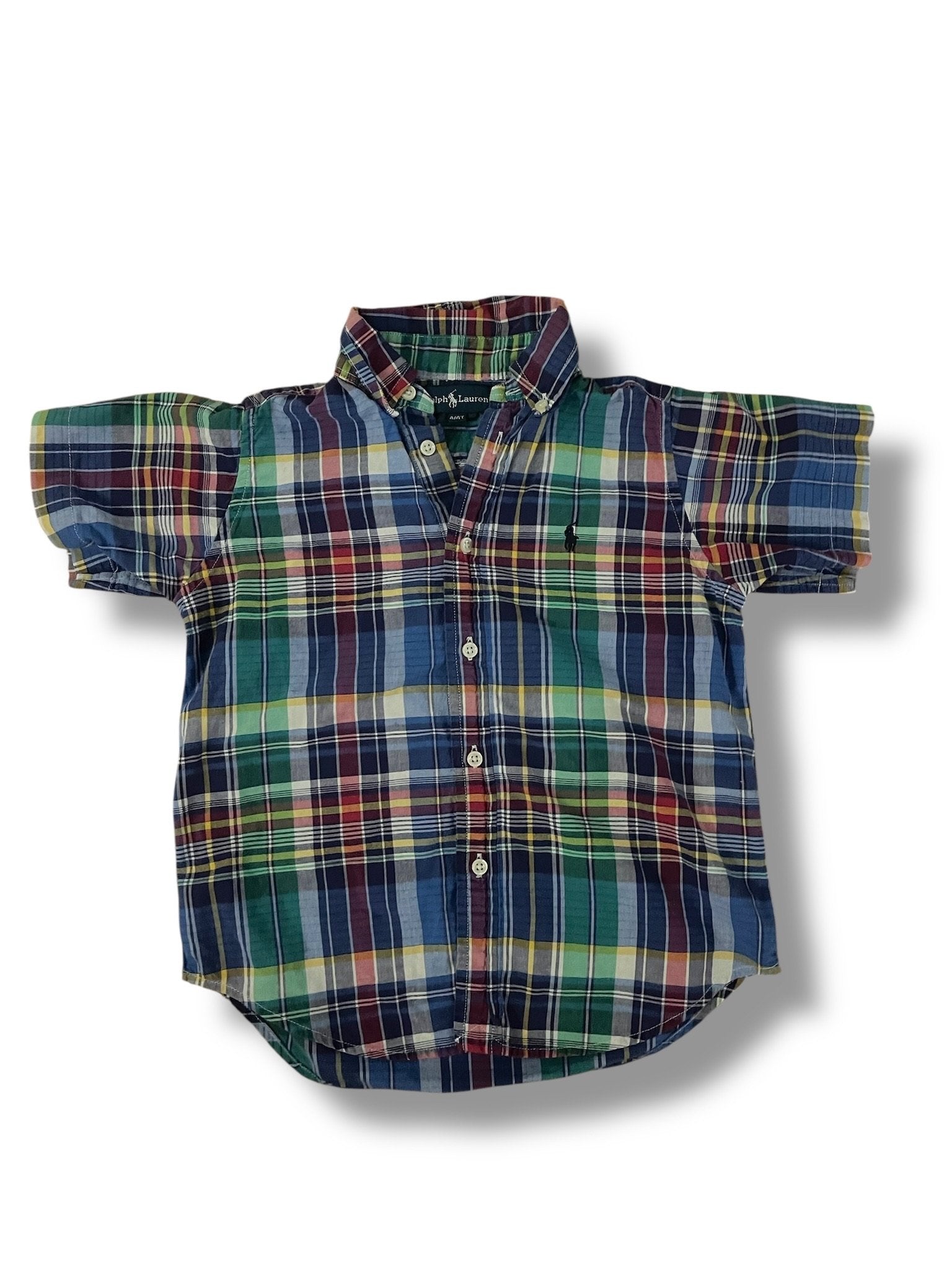 Size 4 Ralph Lauren blue red green yellow plaid button down with navy logo Default Title / 4 / Boy