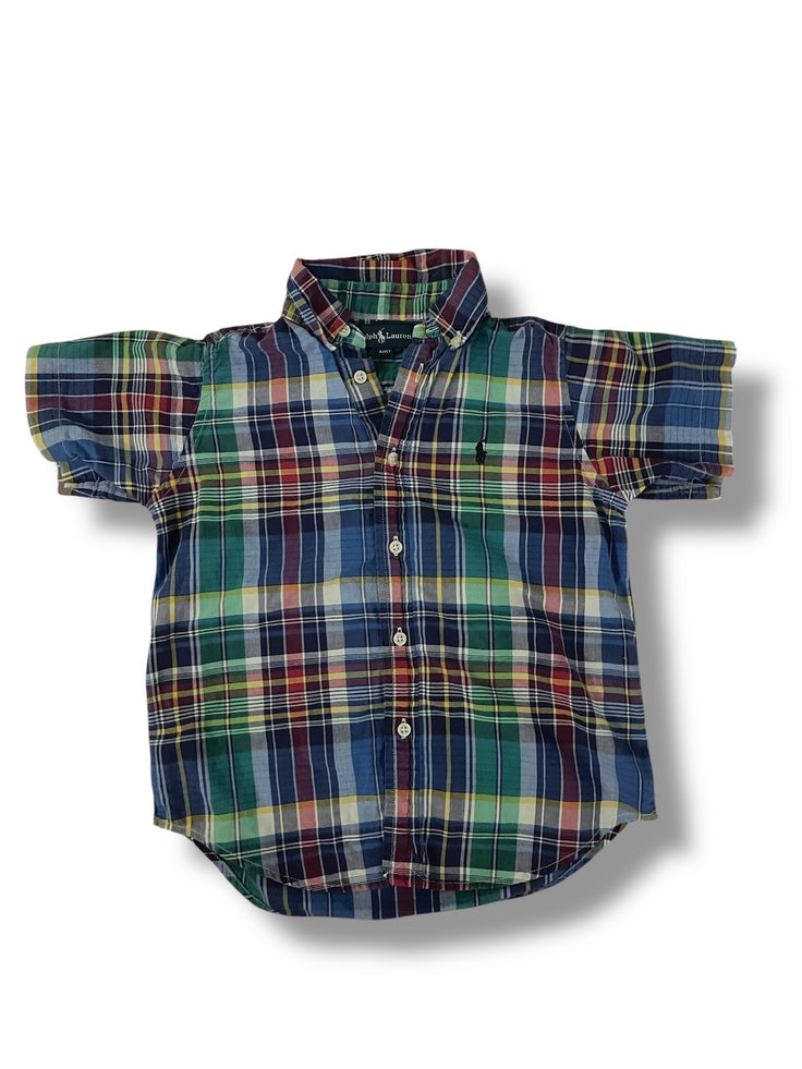 Size 4 Ralph Lauren blue red green yellow plaid button down with navy logo Default Title / 4 / Boy