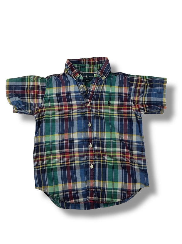 Size 4 Ralph Lauren blue red green yellow plaid button down with navy logo Default Title / 4 / Boy