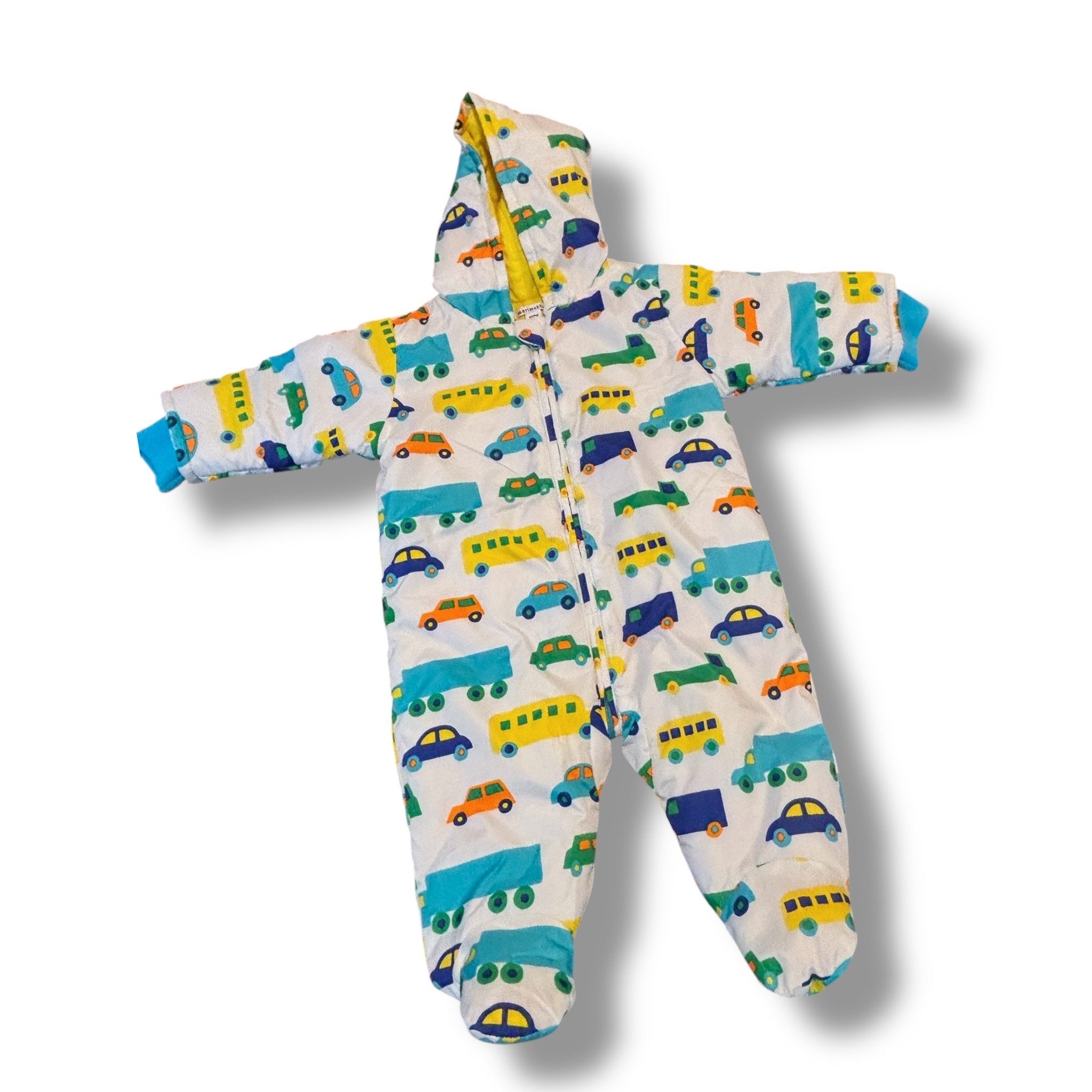 Size 6 month Marimekko white snowsuit w/ trucks/buses Default Title / 6 month / Boy