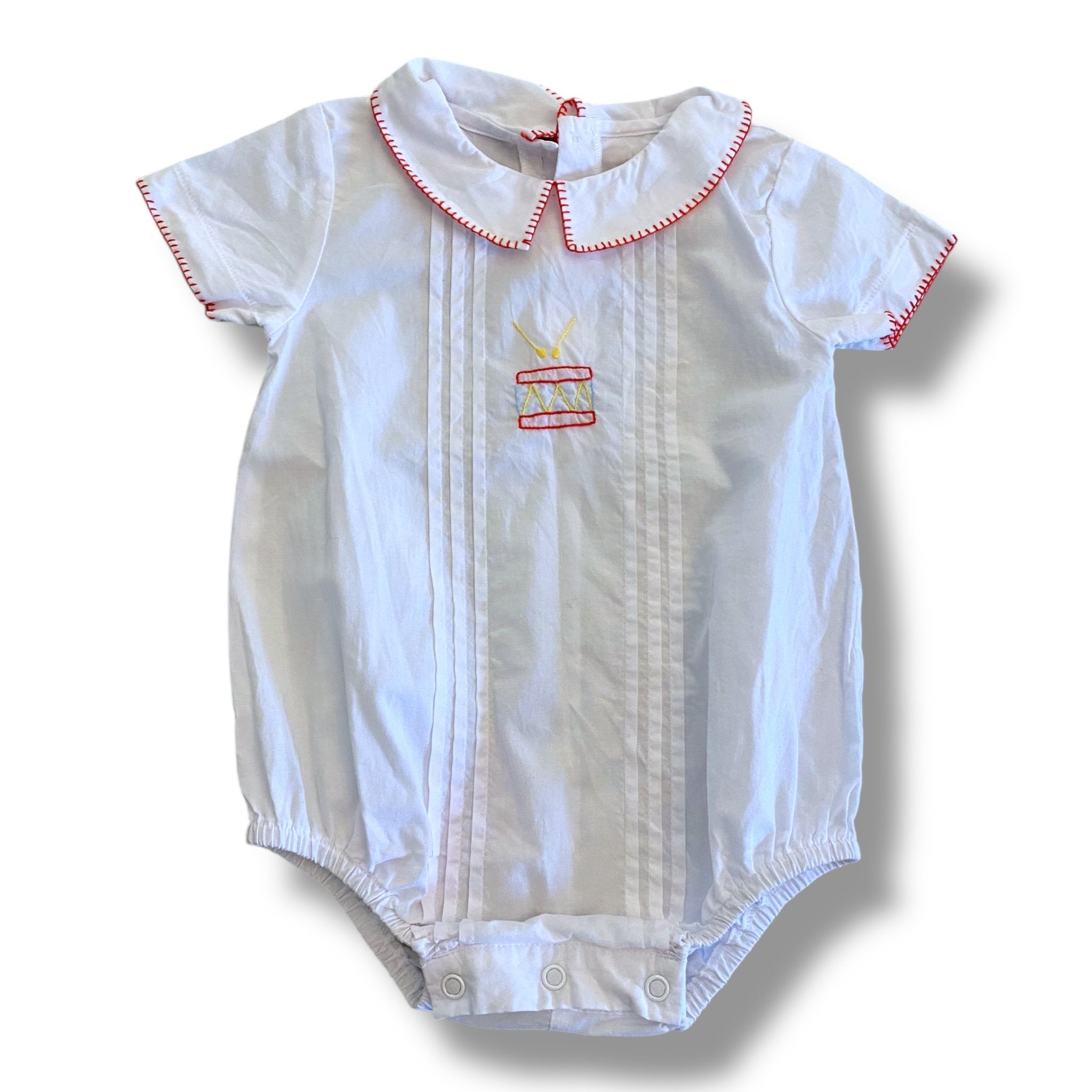 Size 12 month Little English white short sleeve bubble onesie with embroidered drum Default Title / 12 / Boy