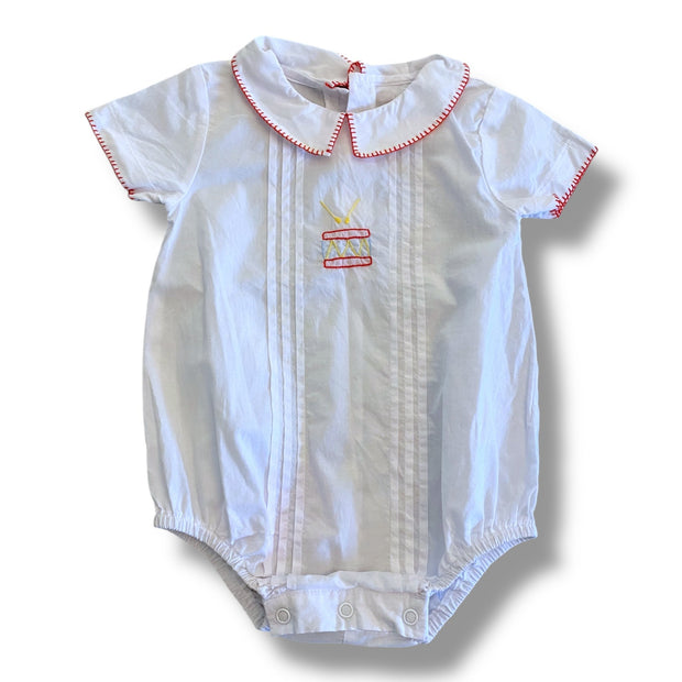 Size 12 month Little English white short sleeve bubble onesie with embroidered drum Default Title / 12 / Boy