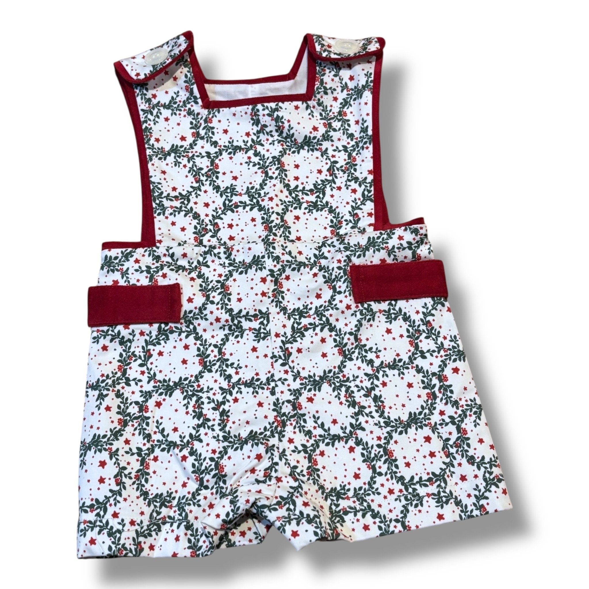 Size 6-12 month Henry Duvall white Jon Jon w/ green/red Christmas wreath pattern, red velvet trim Default Title / 6-12 month / Boy